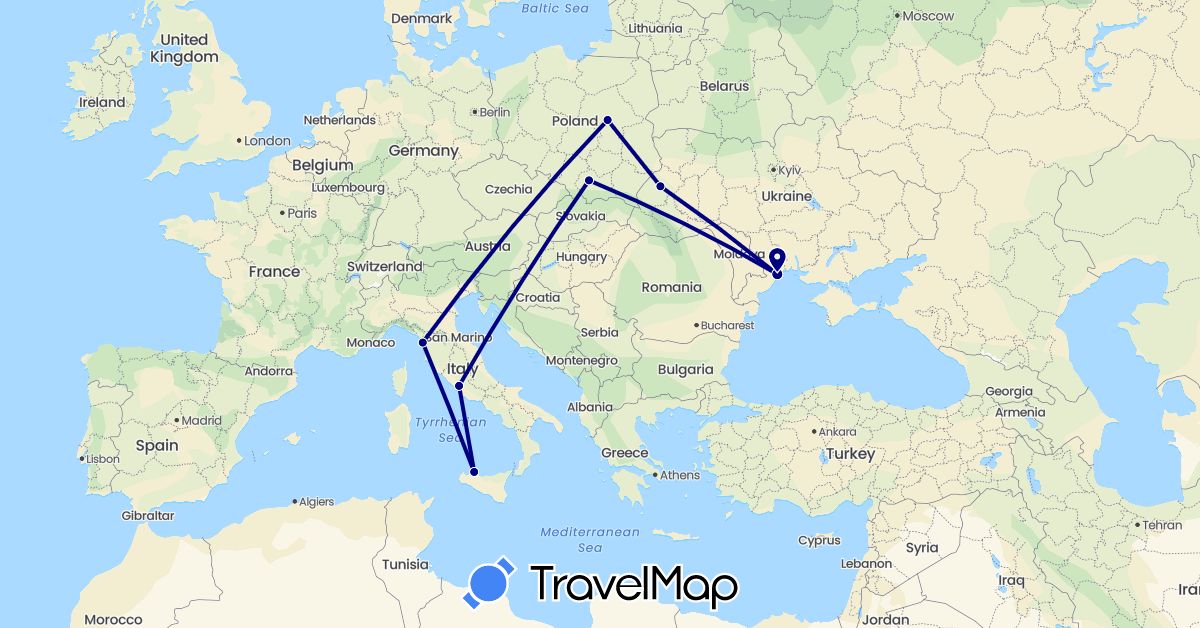 TravelMap itinerary: driving in Italy, Poland, Ukraine (Europe)